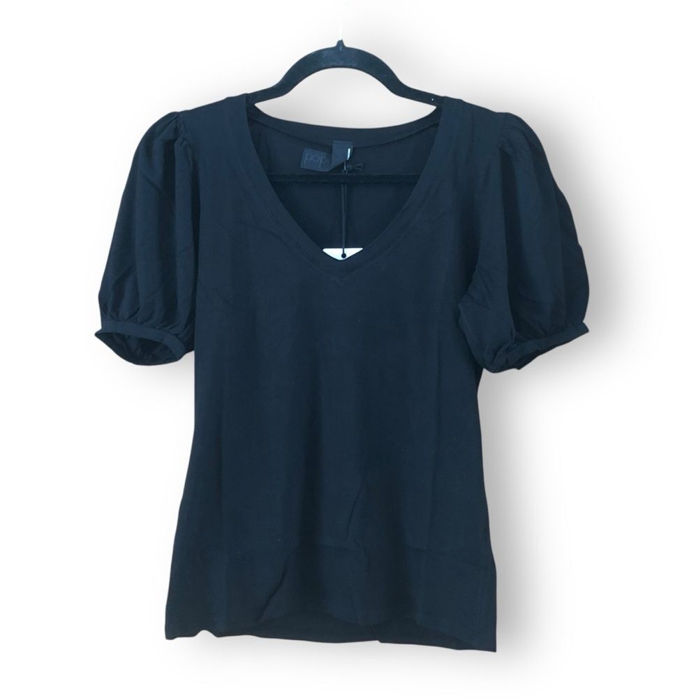 Bobi LA V-Neck Tee with Puff Sleeves Black NWT Size Small Feminine Romantic
